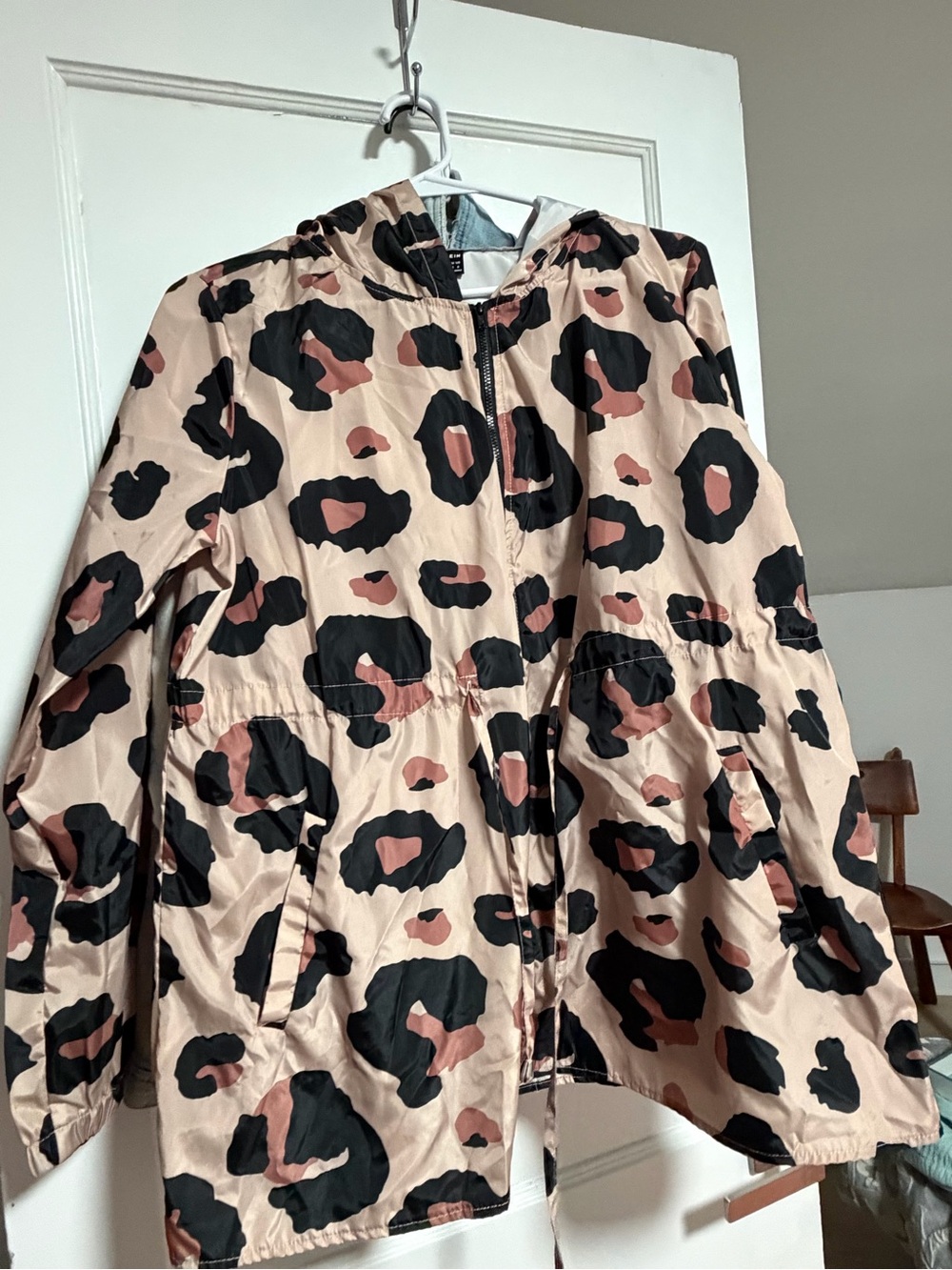 SHEIN Blush and Black Leopard Print Hooded Rain Jacket